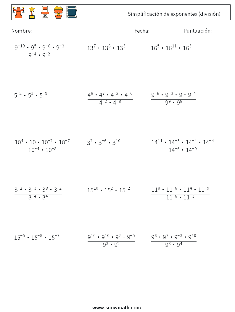 Simplificación de exponentes (división) Hojas de trabajo de matemáticas 3