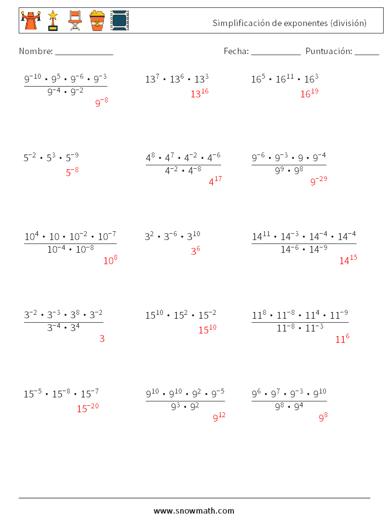Simplificación de exponentes (división) Hojas de trabajo de matemáticas 3 Pregunta, respuesta