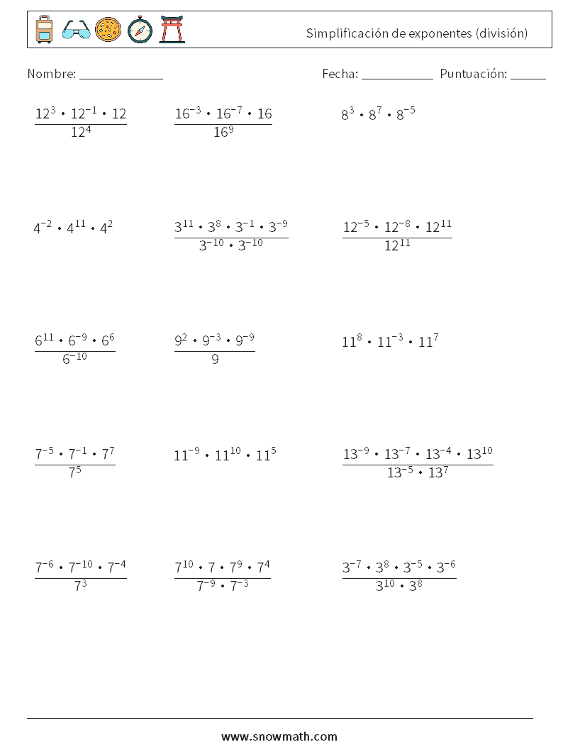 Simplificación de exponentes (división) Hojas de trabajo de matemáticas 4