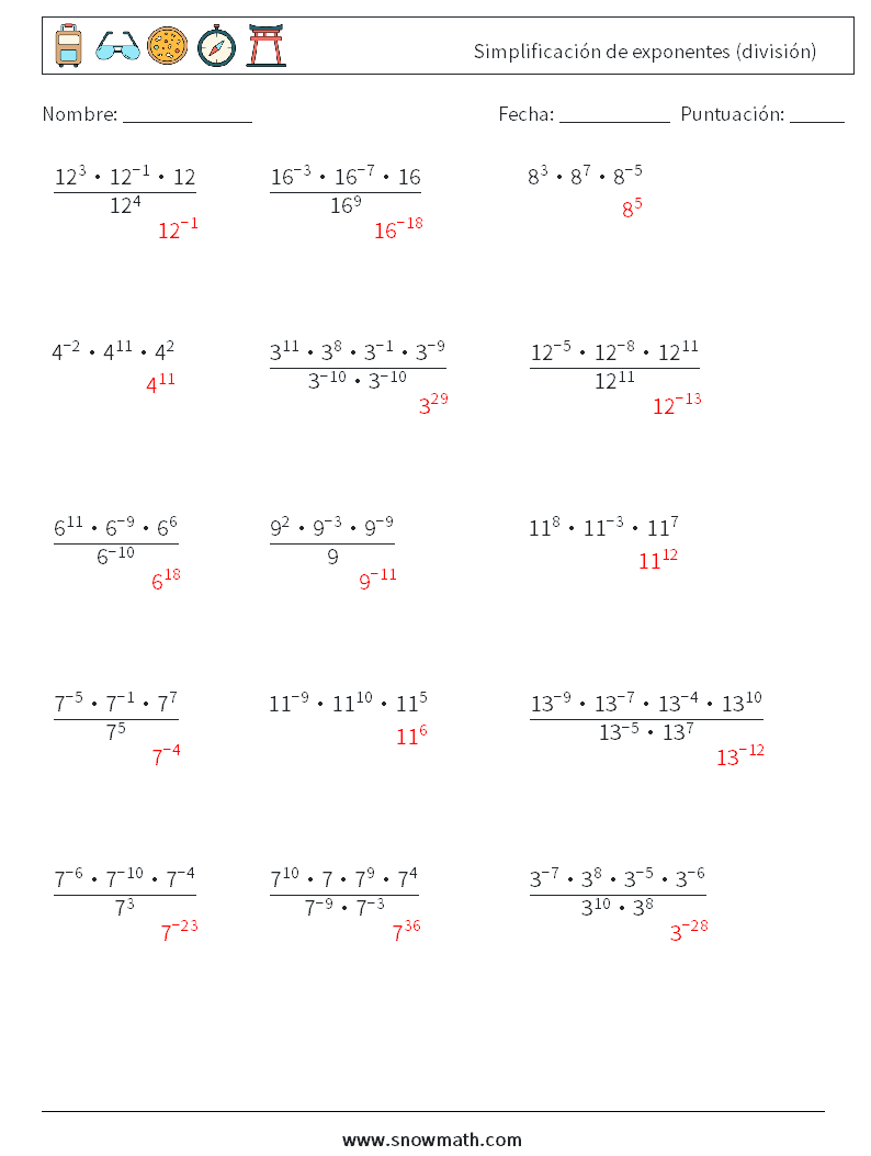 Simplificación de exponentes (división) Hojas de trabajo de matemáticas 4 Pregunta, respuesta