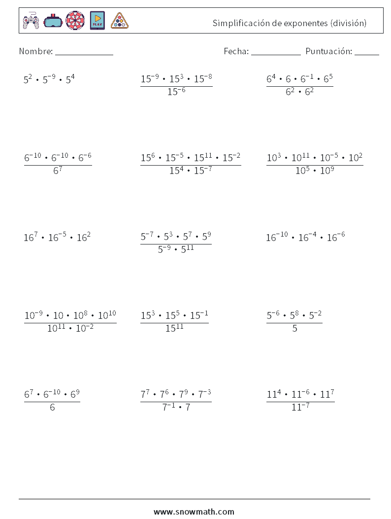 Simplificación de exponentes (división) Hojas de trabajo de matemáticas 5