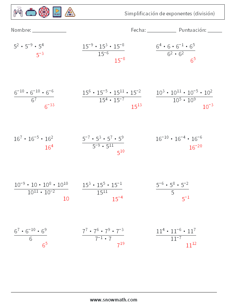 Simplificación de exponentes (división) Hojas de trabajo de matemáticas 5 Pregunta, respuesta