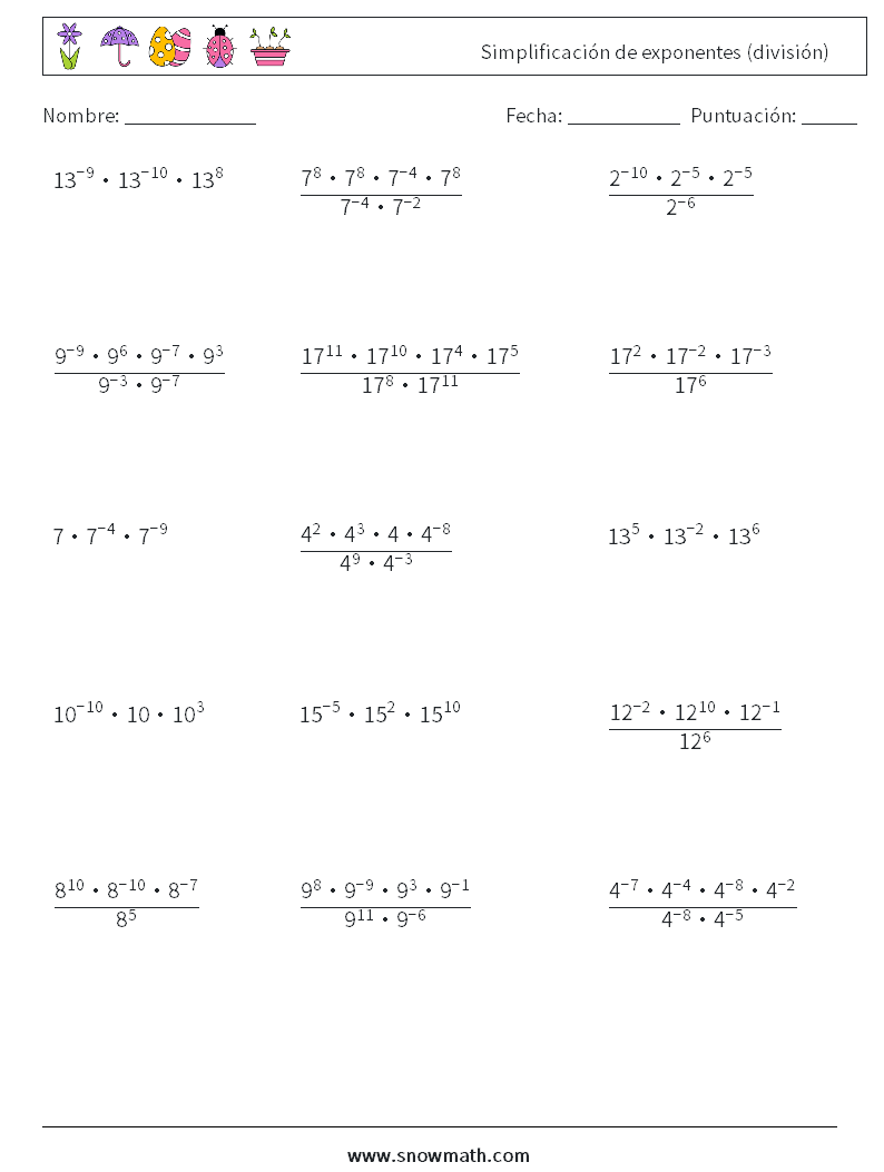 Simplificación de exponentes (división) Hojas de trabajo de matemáticas 6