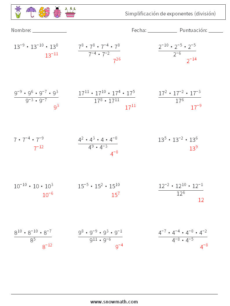 Simplificación de exponentes (división) Hojas de trabajo de matemáticas 6 Pregunta, respuesta