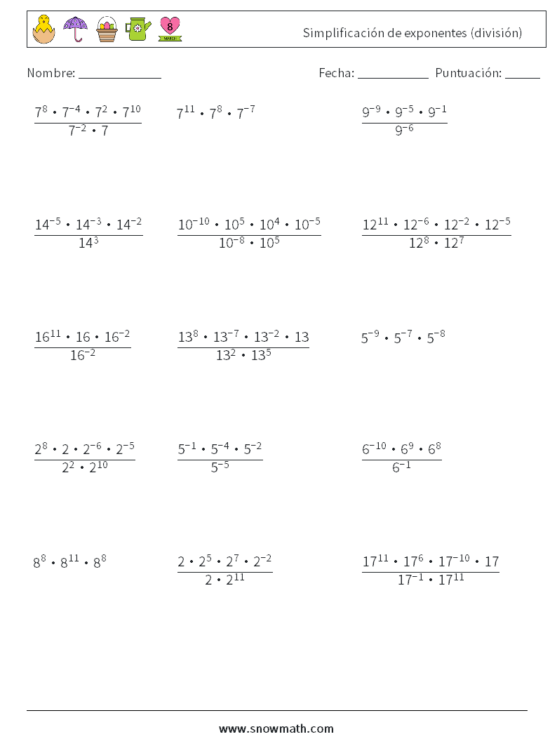 Simplificación de exponentes (división) Hojas de trabajo de matemáticas 7