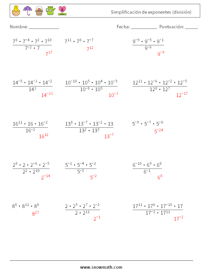 Simplificación de exponentes (división) Hojas de trabajo de matemáticas 7 Pregunta, respuesta