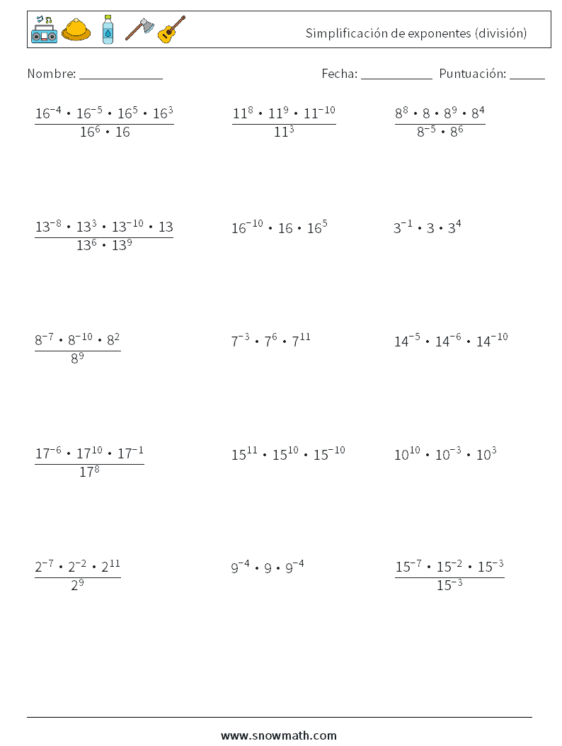 Simplificación de exponentes (división) Hojas de trabajo de matemáticas 8