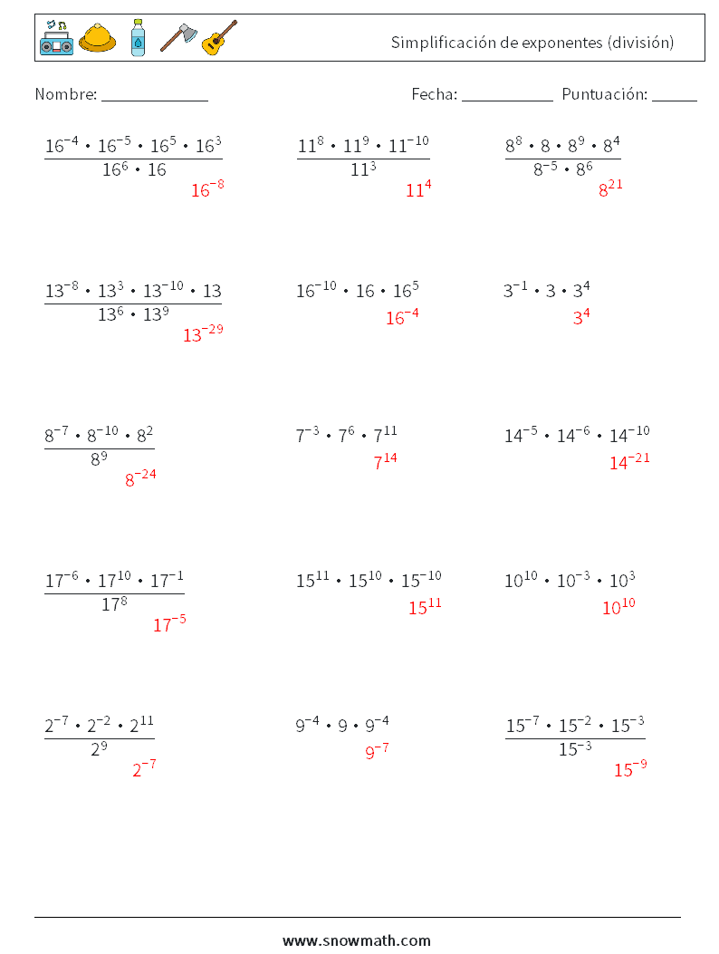 Simplificación de exponentes (división) Hojas de trabajo de matemáticas 8 Pregunta, respuesta
