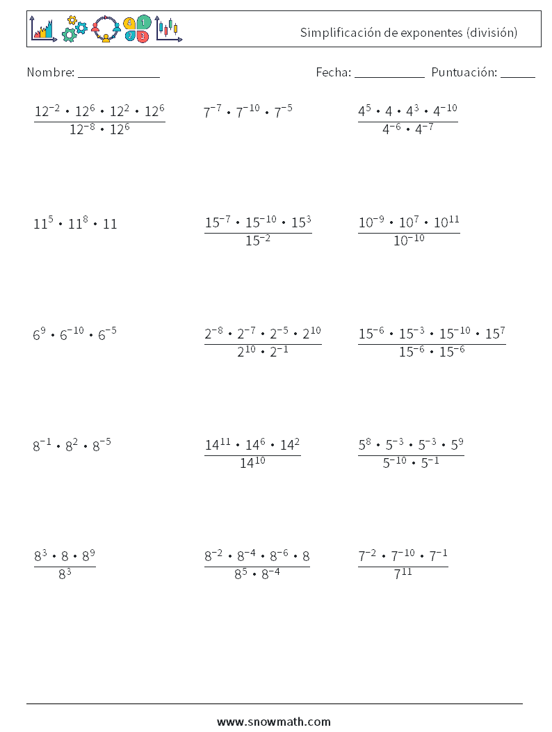 Simplificación de exponentes (división) Hojas de trabajo de matemáticas 9