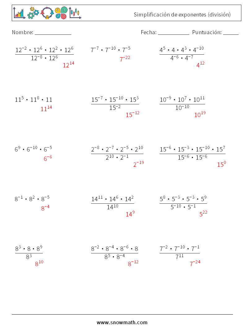 Simplificación de exponentes (división) Hojas de trabajo de matemáticas 9 Pregunta, respuesta