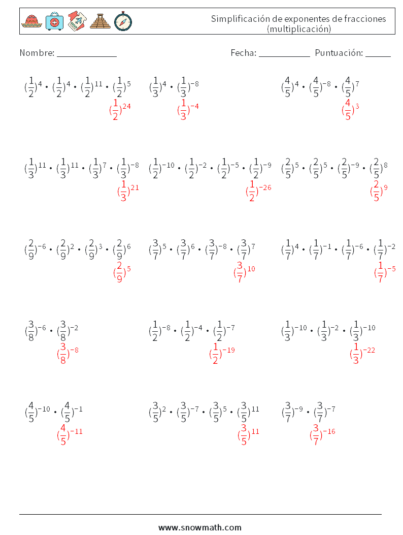 Simplificación de exponentes de fracciones (multiplicación) Hojas de trabajo de matemáticas 1 Pregunta, respuesta