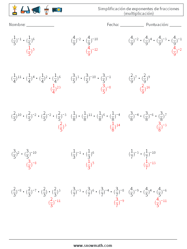 Simplificación de exponentes de fracciones (multiplicación) Hojas de trabajo de matemáticas 2 Pregunta, respuesta