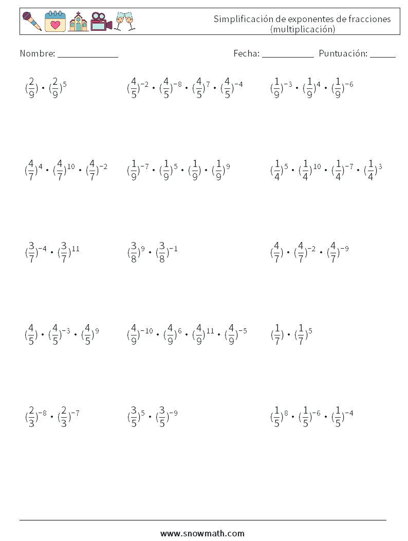 Simplificación de exponentes de fracciones (multiplicación) Hojas de trabajo de matemáticas 3