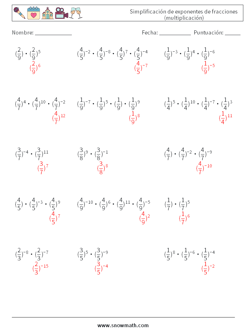 Simplificación de exponentes de fracciones (multiplicación) Hojas de trabajo de matemáticas 3 Pregunta, respuesta