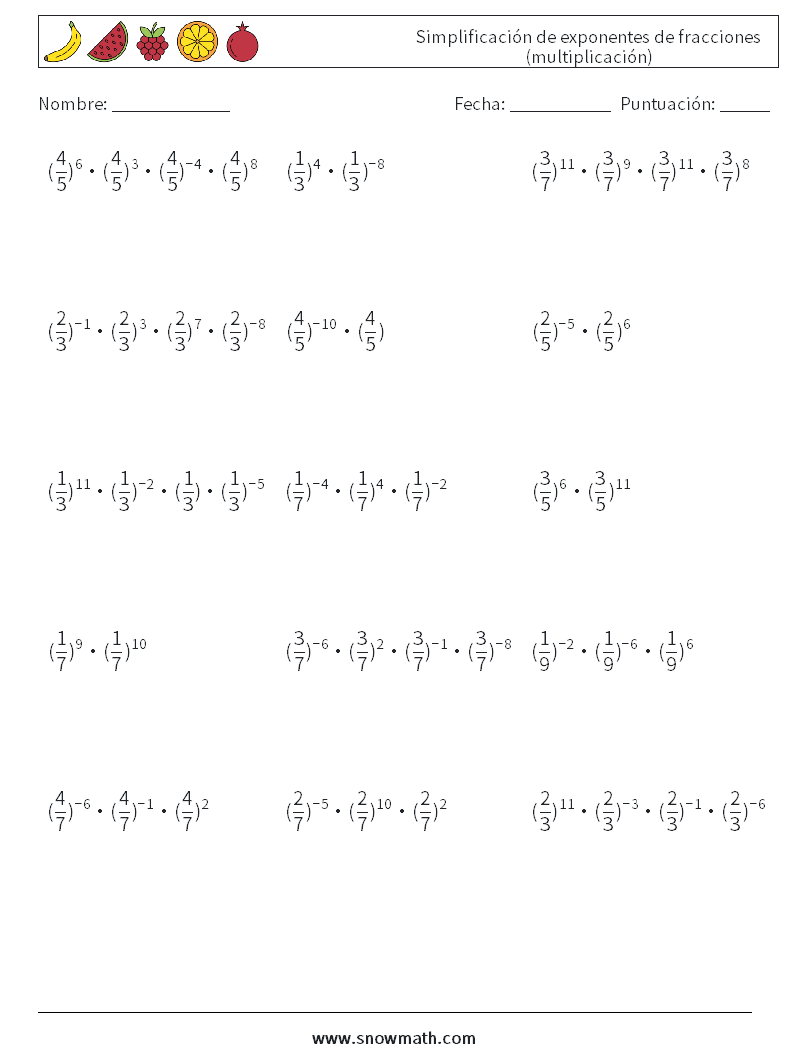 Simplificación de exponentes de fracciones (multiplicación) Hojas de trabajo de matemáticas 4