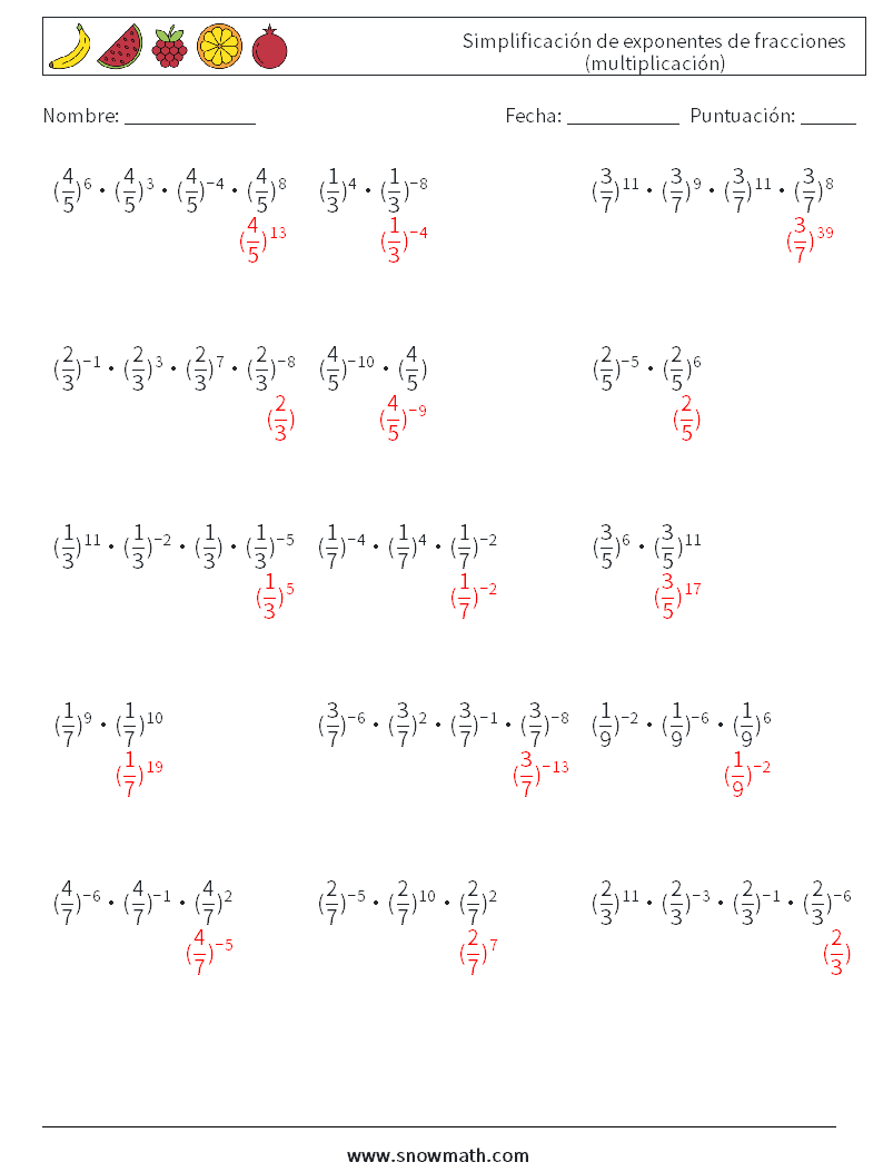 Simplificación de exponentes de fracciones (multiplicación) Hojas de trabajo de matemáticas 4 Pregunta, respuesta