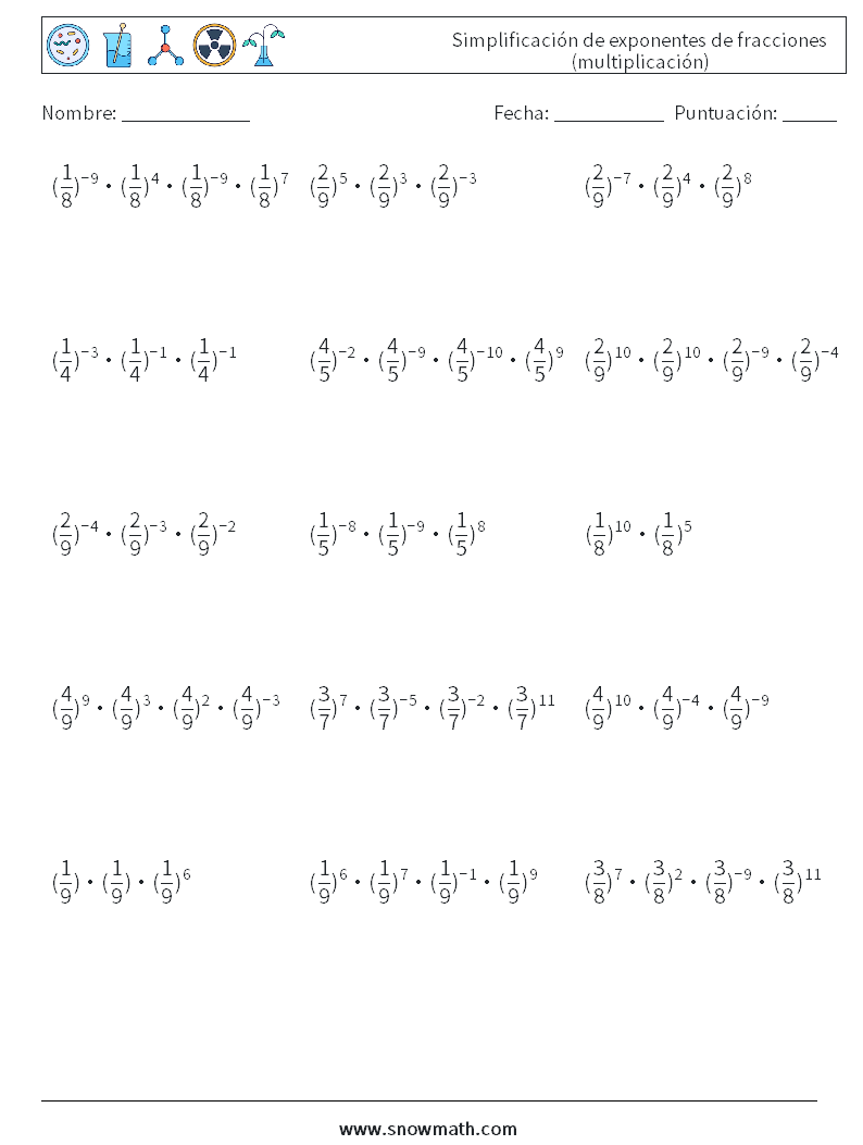 Simplificación de exponentes de fracciones (multiplicación) Hojas de trabajo de matemáticas 5