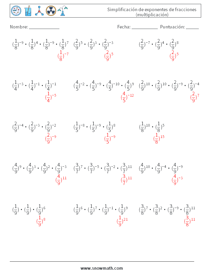 Simplificación de exponentes de fracciones (multiplicación) Hojas de trabajo de matemáticas 5 Pregunta, respuesta