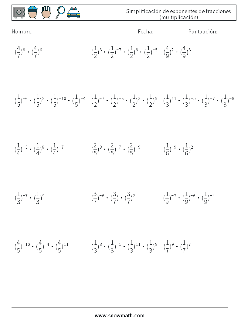 Simplificación de exponentes de fracciones (multiplicación) Hojas de trabajo de matemáticas 6