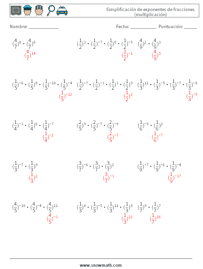 Simplificación de exponentes de fracciones (multiplicación) Hojas de trabajo de matemáticas 6 Pregunta, respuesta