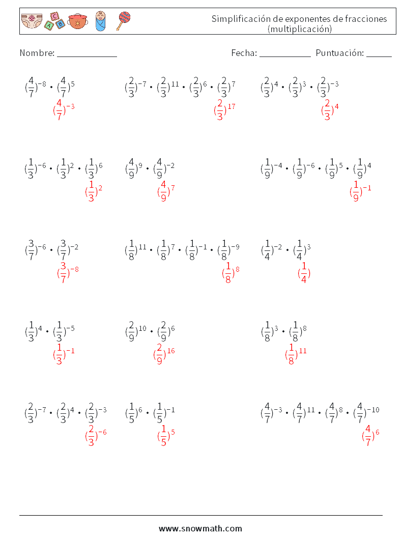 Simplificación de exponentes de fracciones (multiplicación) Hojas de trabajo de matemáticas 7 Pregunta, respuesta