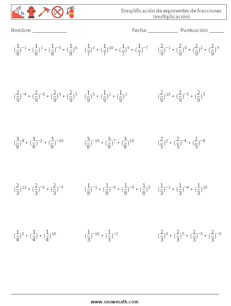 Simplificación de exponentes de fracciones (multiplicación) Hojas de trabajo de matemáticas 8