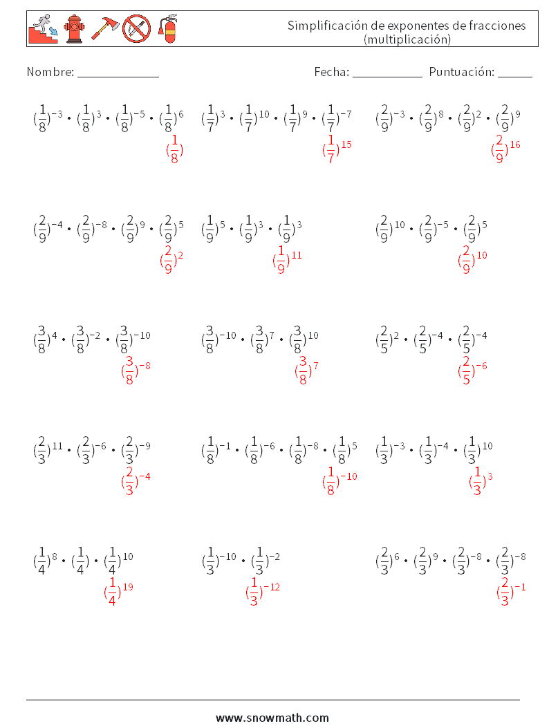 Simplificación de exponentes de fracciones (multiplicación) Hojas de trabajo de matemáticas 8 Pregunta, respuesta