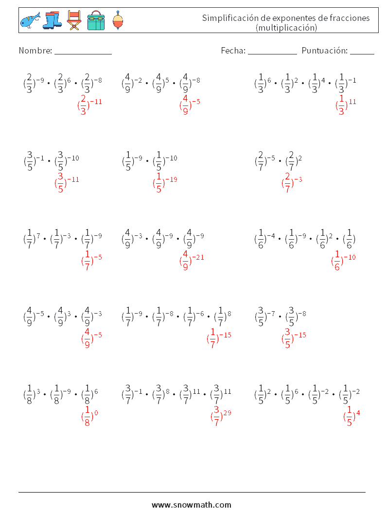 Simplificación de exponentes de fracciones (multiplicación) Hojas de trabajo de matemáticas 9 Pregunta, respuesta