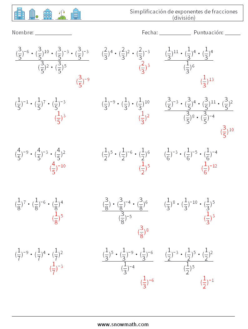 Simplificación de exponentes de fracciones (división) Hojas de trabajo de matemáticas 1 Pregunta, respuesta