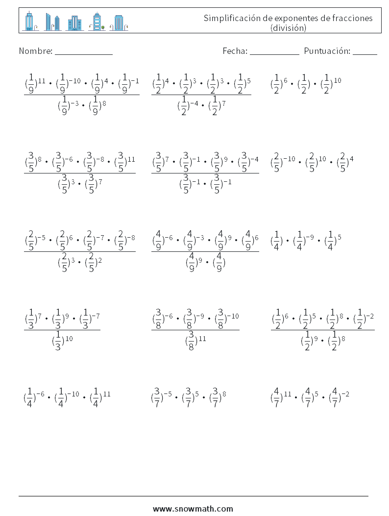 Simplificación de exponentes de fracciones (división) Hojas de trabajo de matemáticas 2