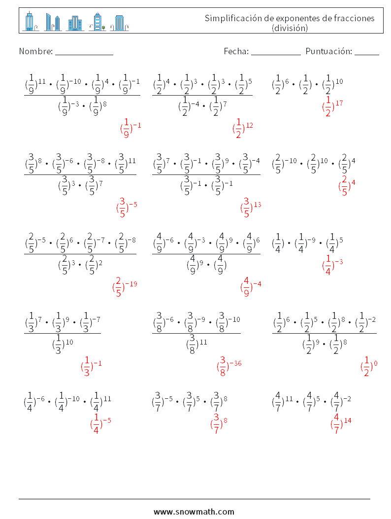 Simplificación de exponentes de fracciones (división) Hojas de trabajo de matemáticas 2 Pregunta, respuesta