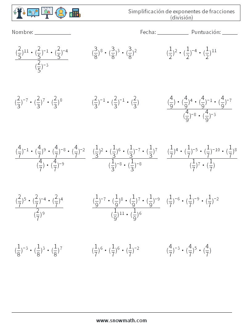 Simplificación de exponentes de fracciones (división) Hojas de trabajo de matemáticas 3