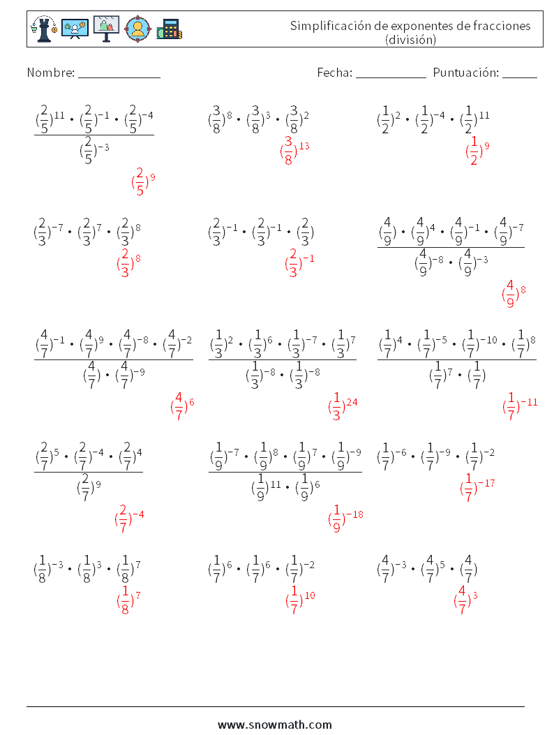 Simplificación de exponentes de fracciones (división) Hojas de trabajo de matemáticas 3 Pregunta, respuesta