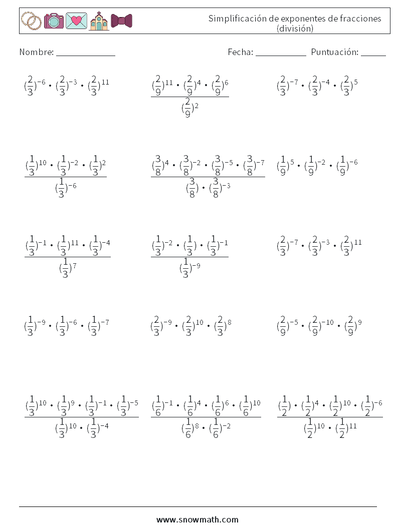 Simplificación de exponentes de fracciones (división) Hojas de trabajo de matemáticas 4