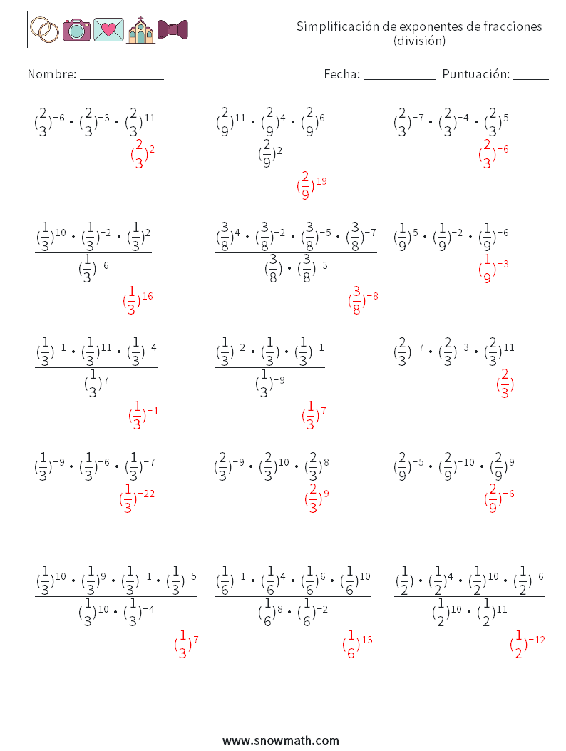 Simplificación de exponentes de fracciones (división) Hojas de trabajo de matemáticas 4 Pregunta, respuesta