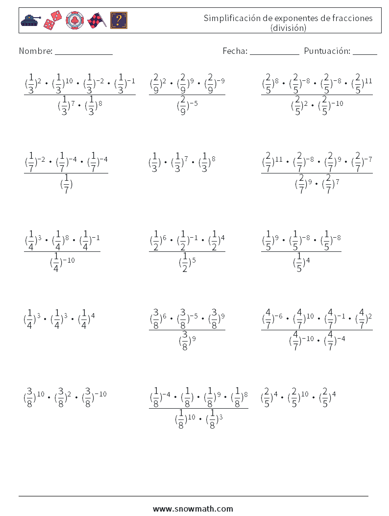 Simplificación de exponentes de fracciones (división) Hojas de trabajo de matemáticas 5