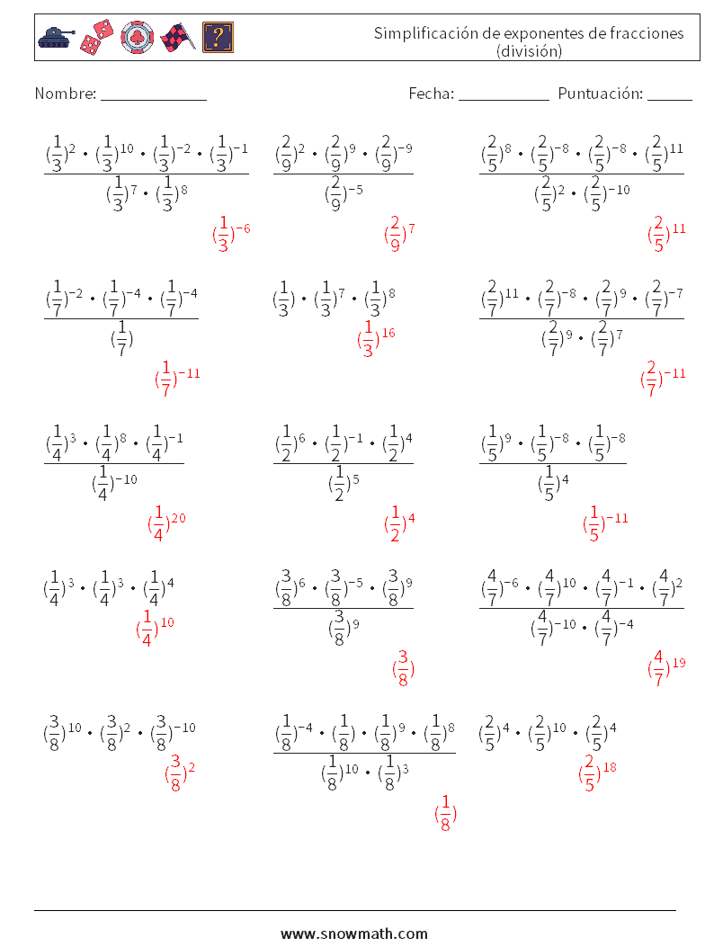 Simplificación de exponentes de fracciones (división) Hojas de trabajo de matemáticas 5 Pregunta, respuesta