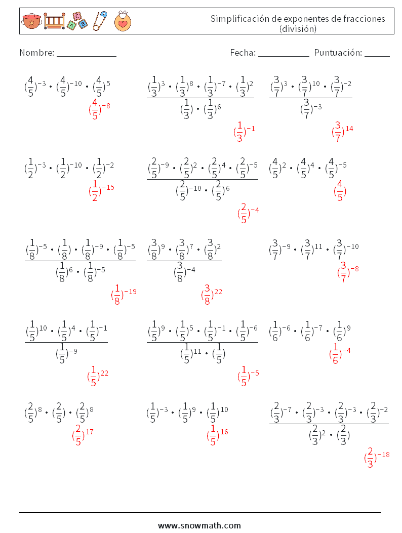 Simplificación de exponentes de fracciones (división) Hojas de trabajo de matemáticas 6 Pregunta, respuesta