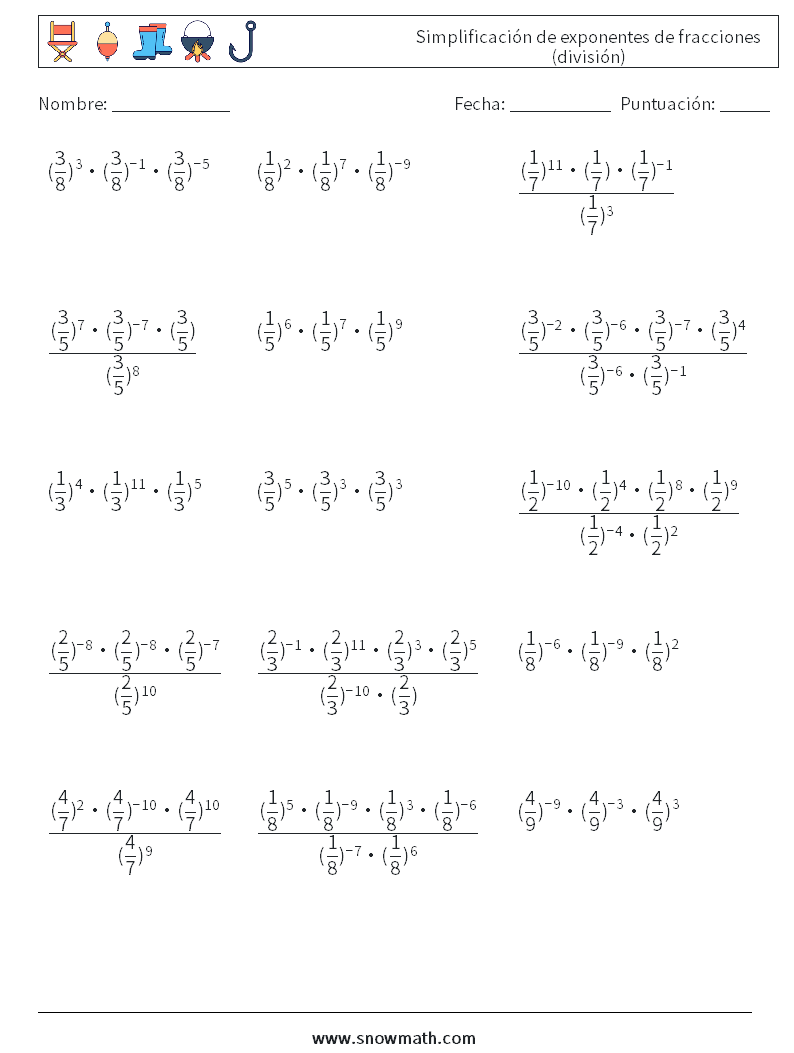 Simplificación de exponentes de fracciones (división) Hojas de trabajo de matemáticas 7