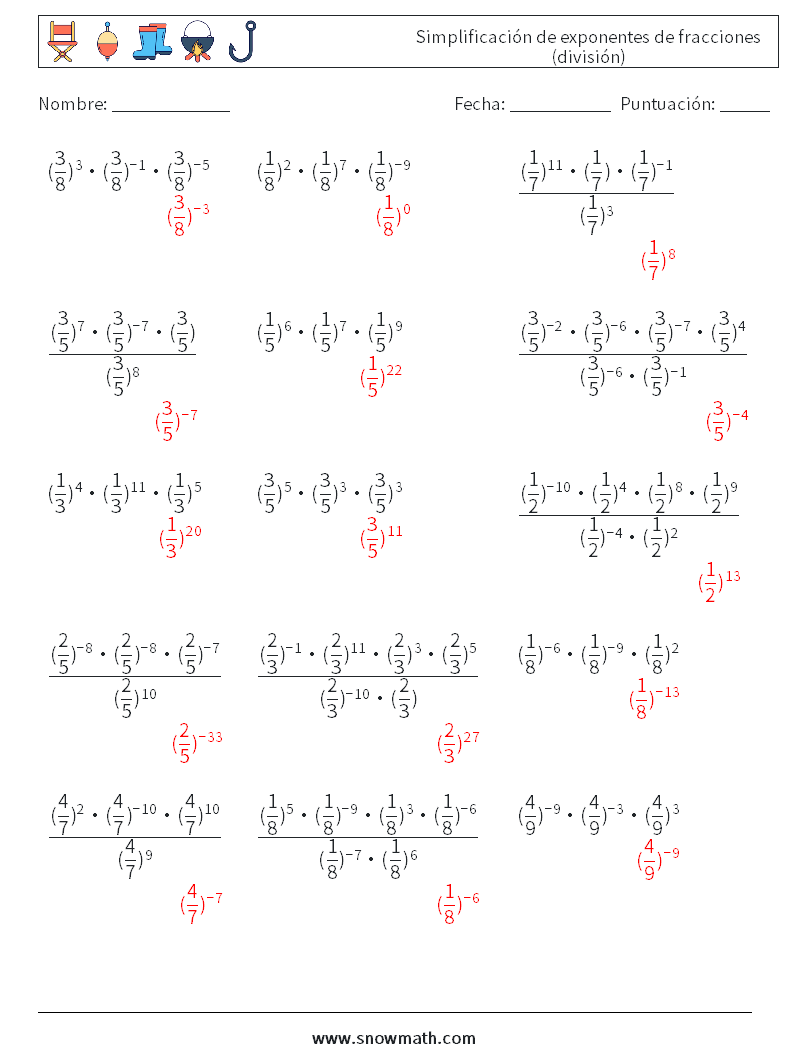 Simplificación de exponentes de fracciones (división) Hojas de trabajo de matemáticas 7 Pregunta, respuesta