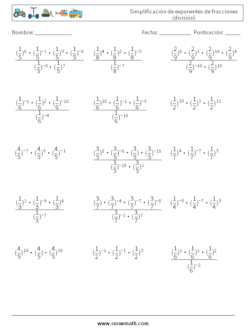 Simplificación de exponentes de fracciones (división) Hojas de trabajo de matemáticas 8