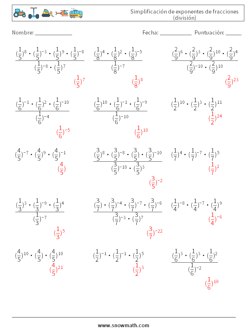 Simplificación de exponentes de fracciones (división) Hojas de trabajo de matemáticas 8 Pregunta, respuesta
