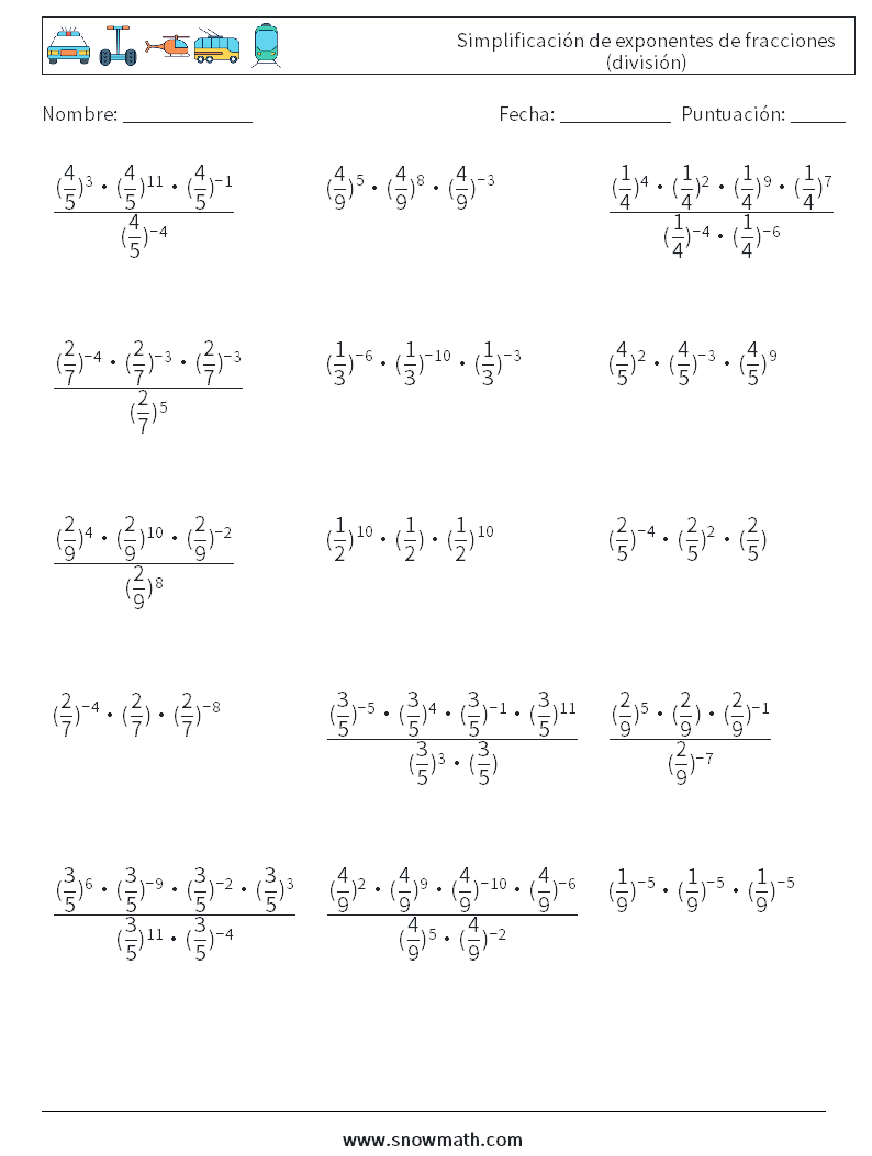 Simplificación de exponentes de fracciones (división) Hojas de trabajo de matemáticas 9