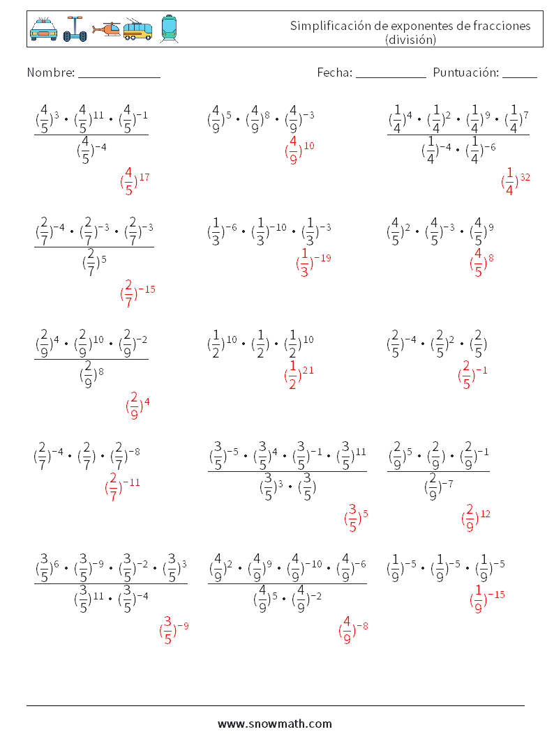 Simplificación de exponentes de fracciones (división) Hojas de trabajo de matemáticas 9 Pregunta, respuesta