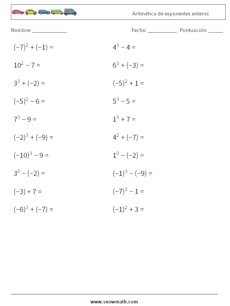 Aritmética de exponentes enteros Hojas de trabajo de matemáticas 5