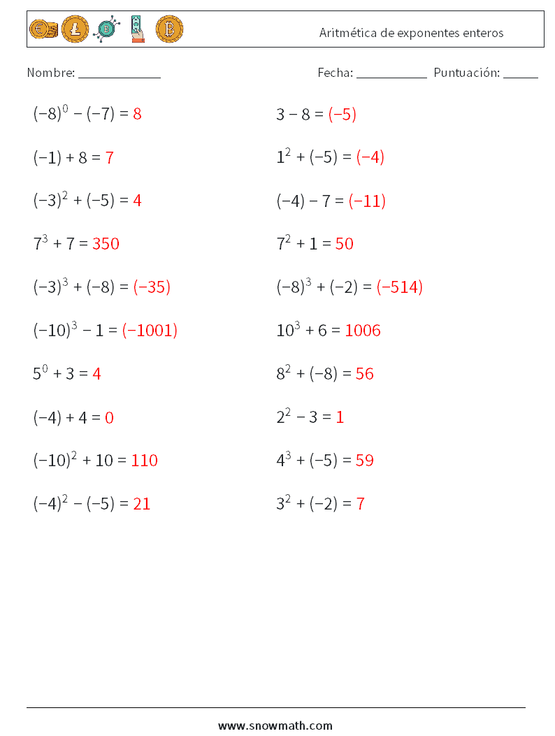 Aritmética de exponentes enteros Hojas de trabajo de matemáticas 6 Pregunta, respuesta
