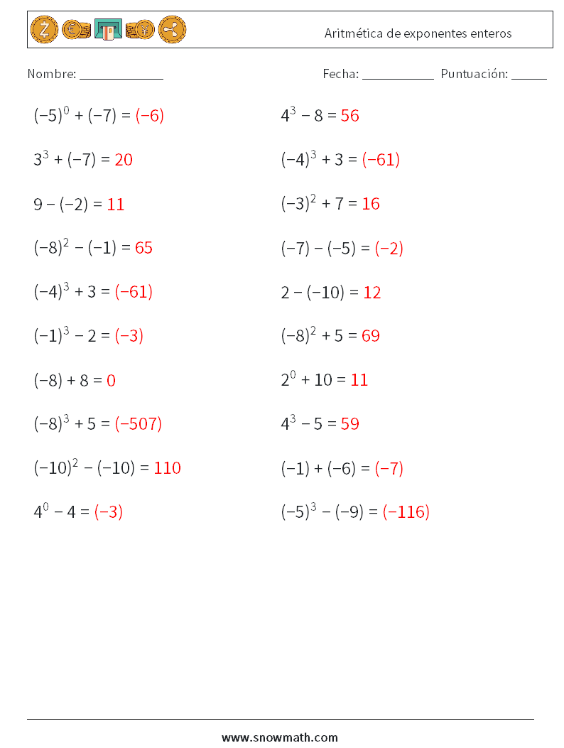 Aritmética de exponentes enteros Hojas de trabajo de matemáticas 7 Pregunta, respuesta