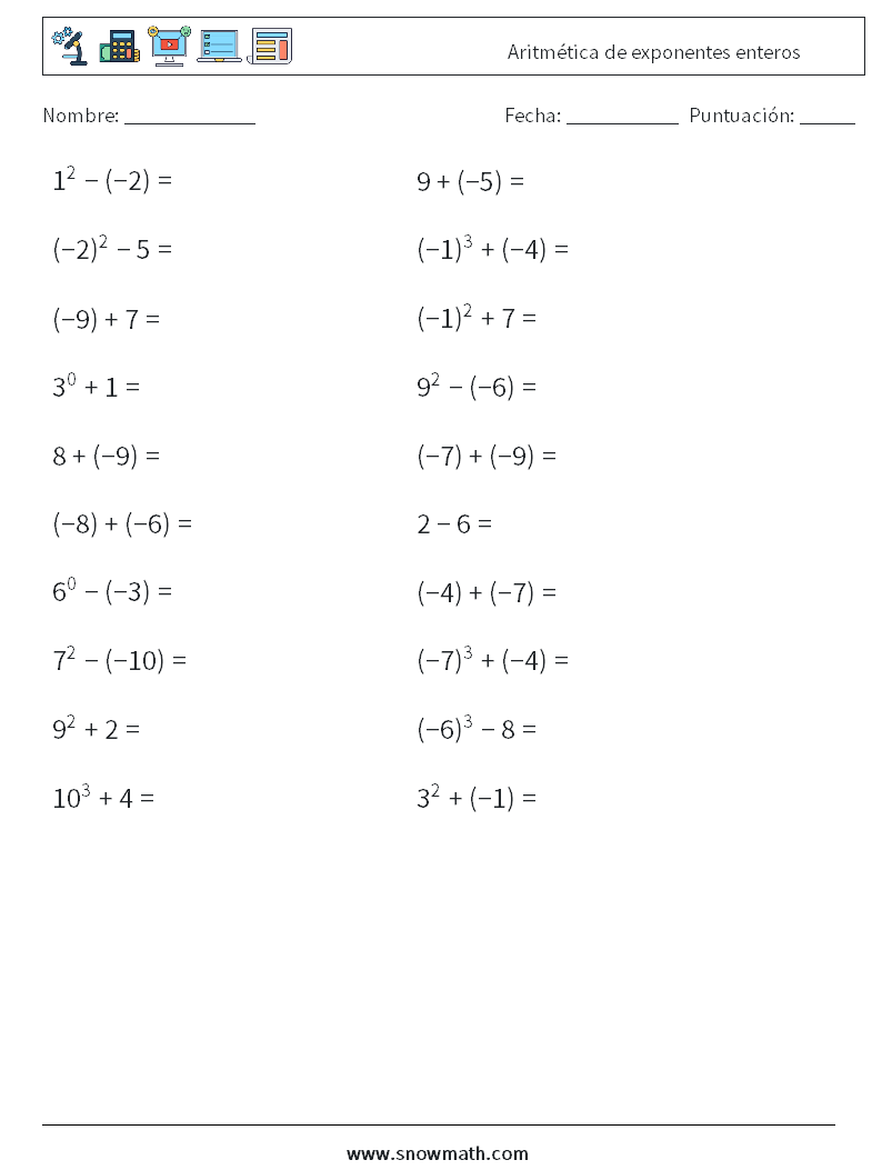 Aritmética de exponentes enteros Hojas de trabajo de matemáticas 8