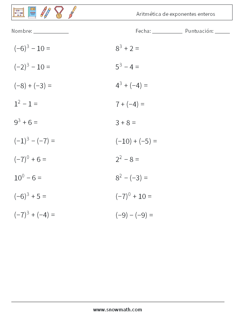 Aritmética de exponentes enteros Hojas de trabajo de matemáticas 9