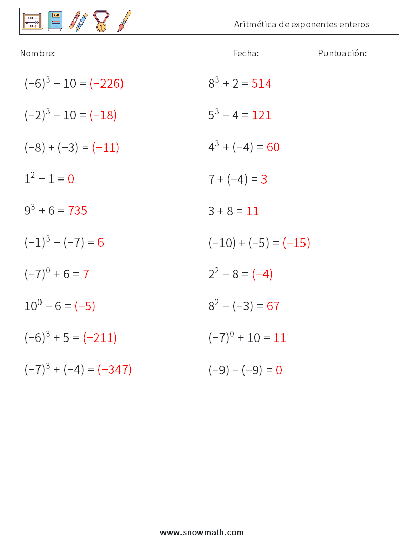 Aritmética de exponentes enteros Hojas de trabajo de matemáticas 9 Pregunta, respuesta